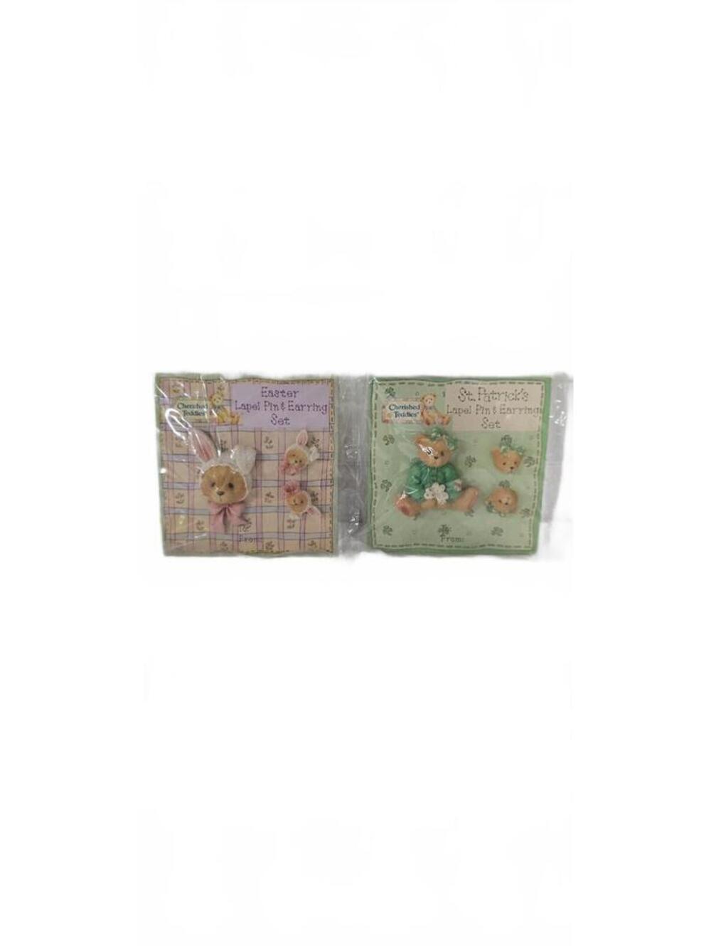 Cherished Teddies Easter and St. Patrick's Lapel Pin & Earring Sets 1995 Enesco